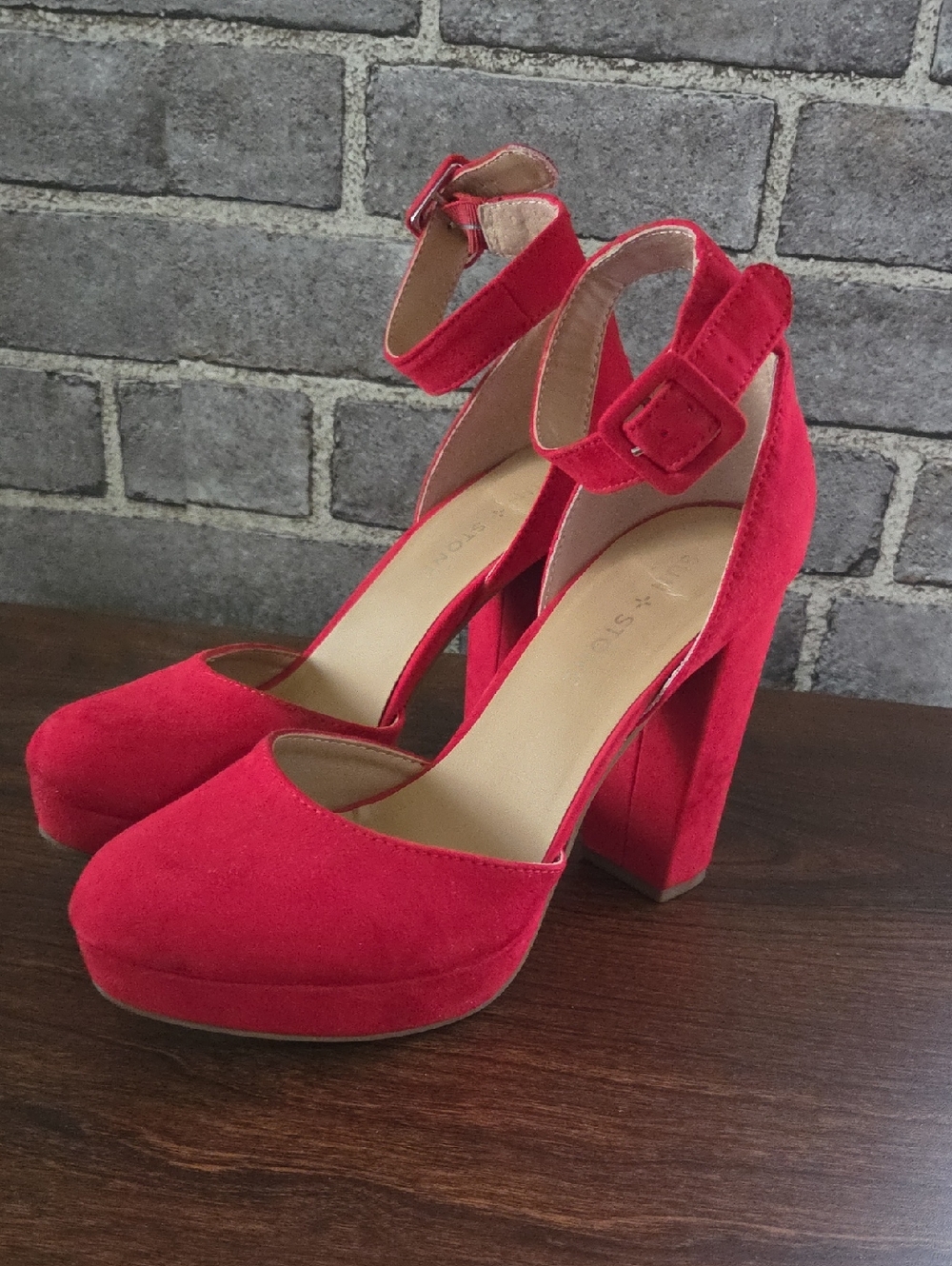 Sun + Stone Red Suede Platform Ankle-Strap Heels